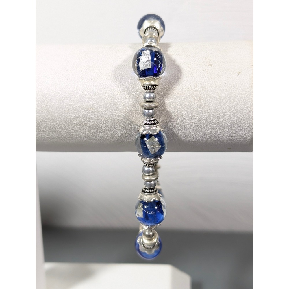 Artisan Blue Dichroic Glass Bead Bracelet Silver Tone Toggle 7.5" Handmade